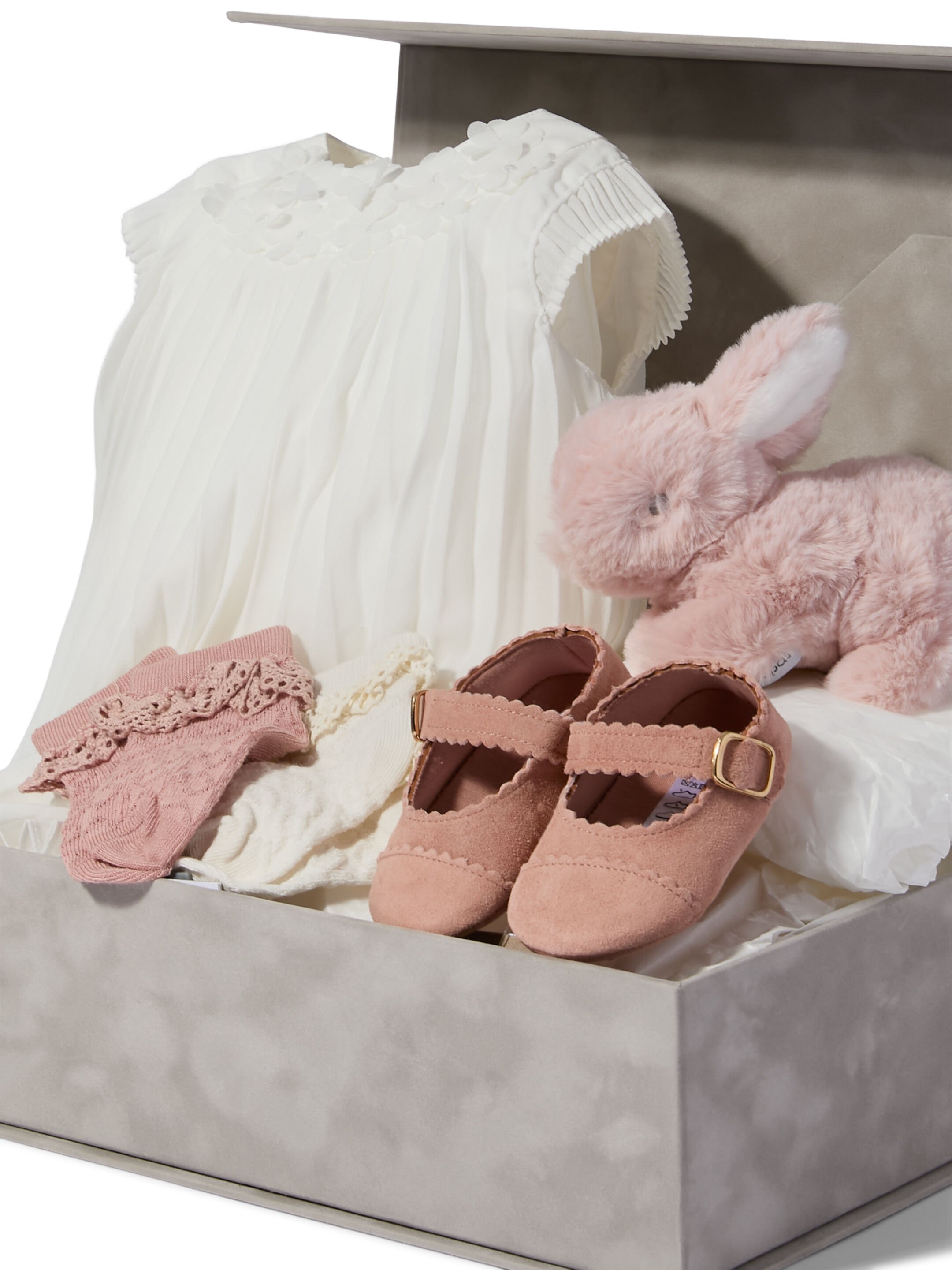 Pleated Dress - 5 Piece Gift Set with Scallop Pram Shoes and Soft Toy Treasured Pink Bunny image number 2